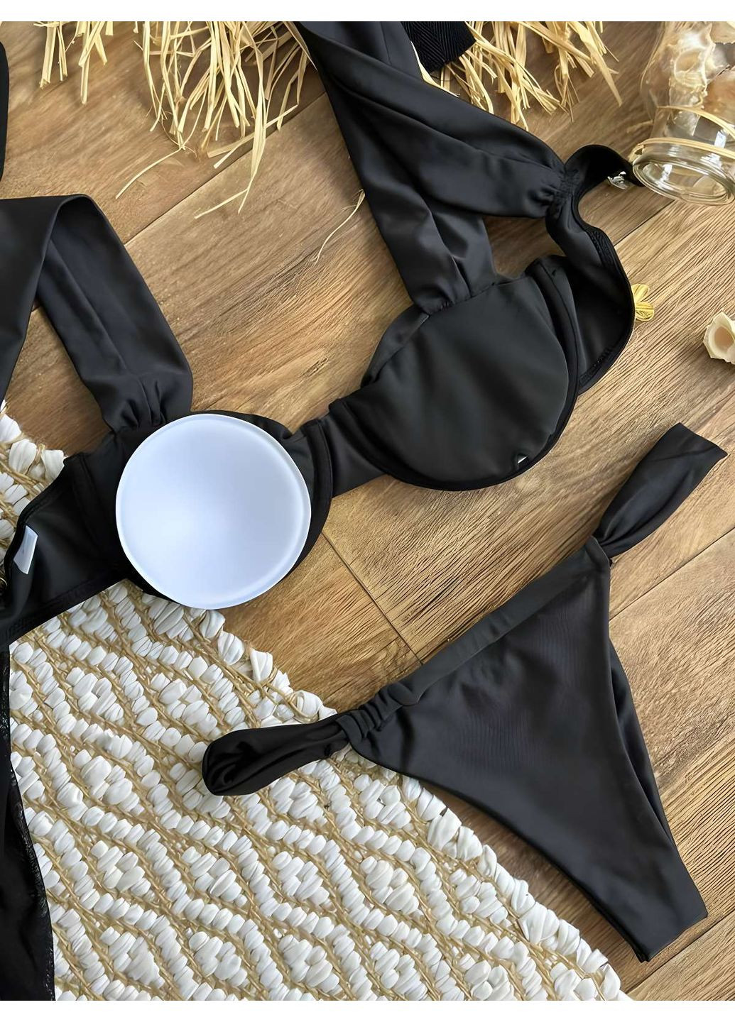 Чорний літній жіночий літній пляжний блакитний купальний комплект роздільний купальник і сукня напівпроз... No Brand