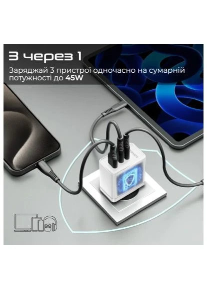 Зарядное устройство powerport-45 2xUSB-C PD + USB-A QC 45W White (powerport-45.white) Promate (396867793)