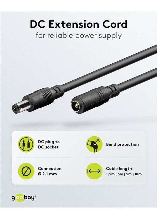 Кабель питания удлинитель Jack DC M/F (папа/мама) 1.5m 5.5x2.1mm AWG20 D=5.0mm Cu Goobay (369645846)