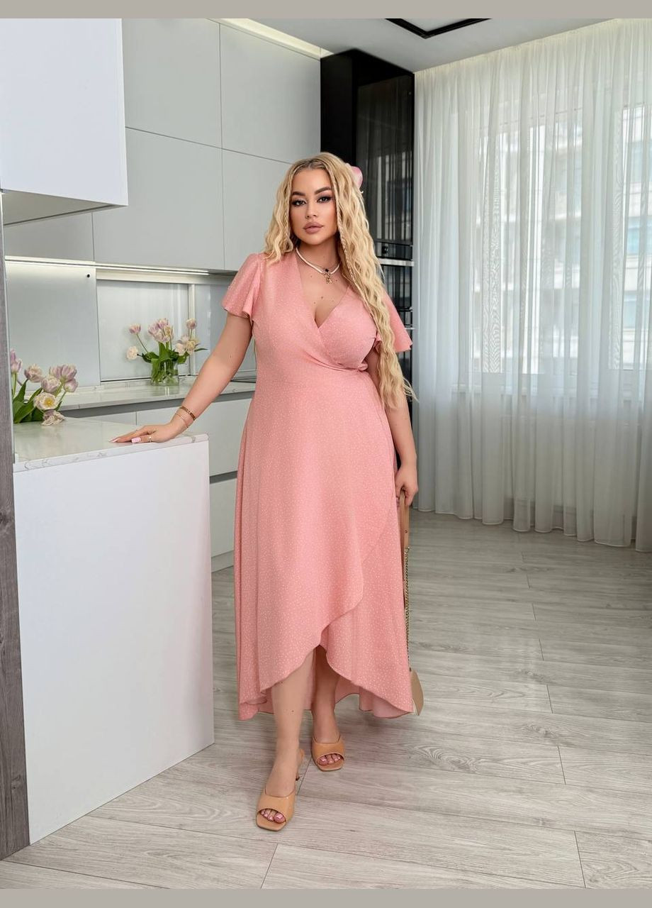 Пудрова актуальна та модна сукня з легкої тканини на запах Україна в горошок