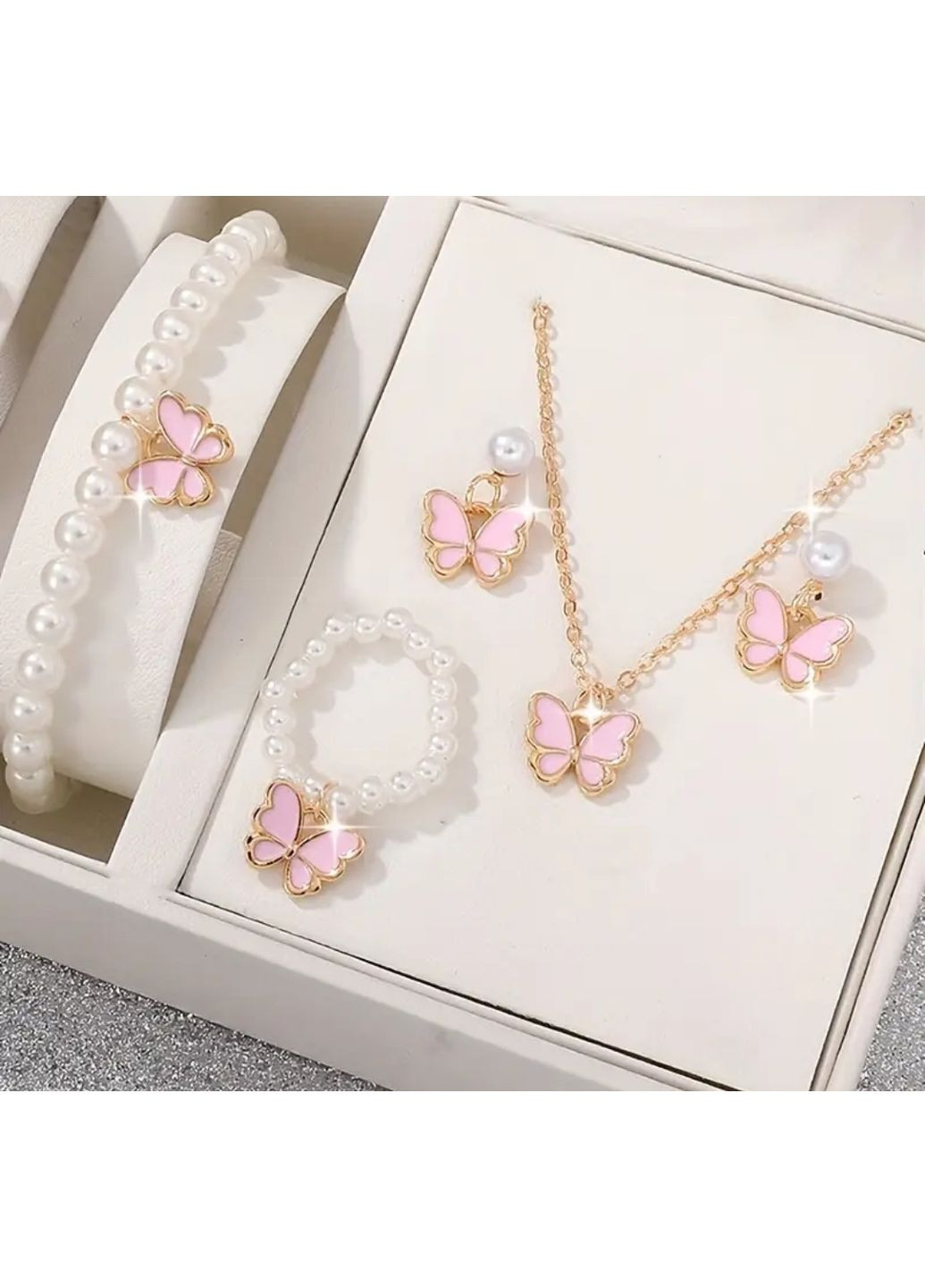 Комплект бижутерии "Розовая бабочка" - браслет, кольцо, серьги и кулон. No Brand (358691092)