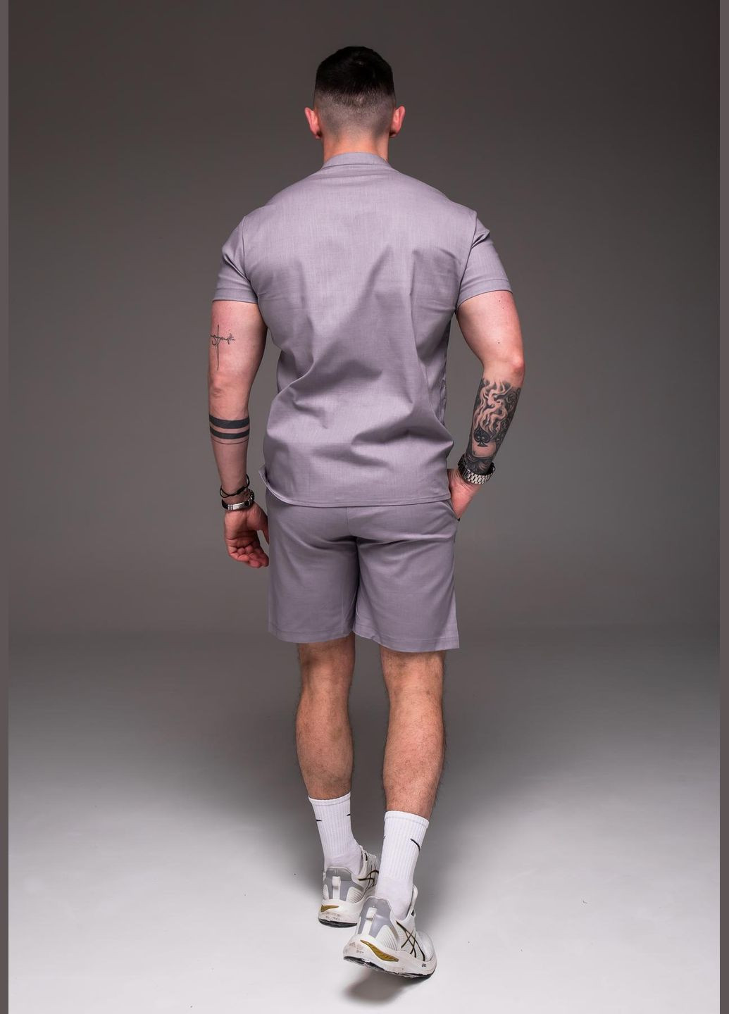 Серый летний костюм мужской рубашка + шорты лен серый с рубашкой, с шортами No Brand