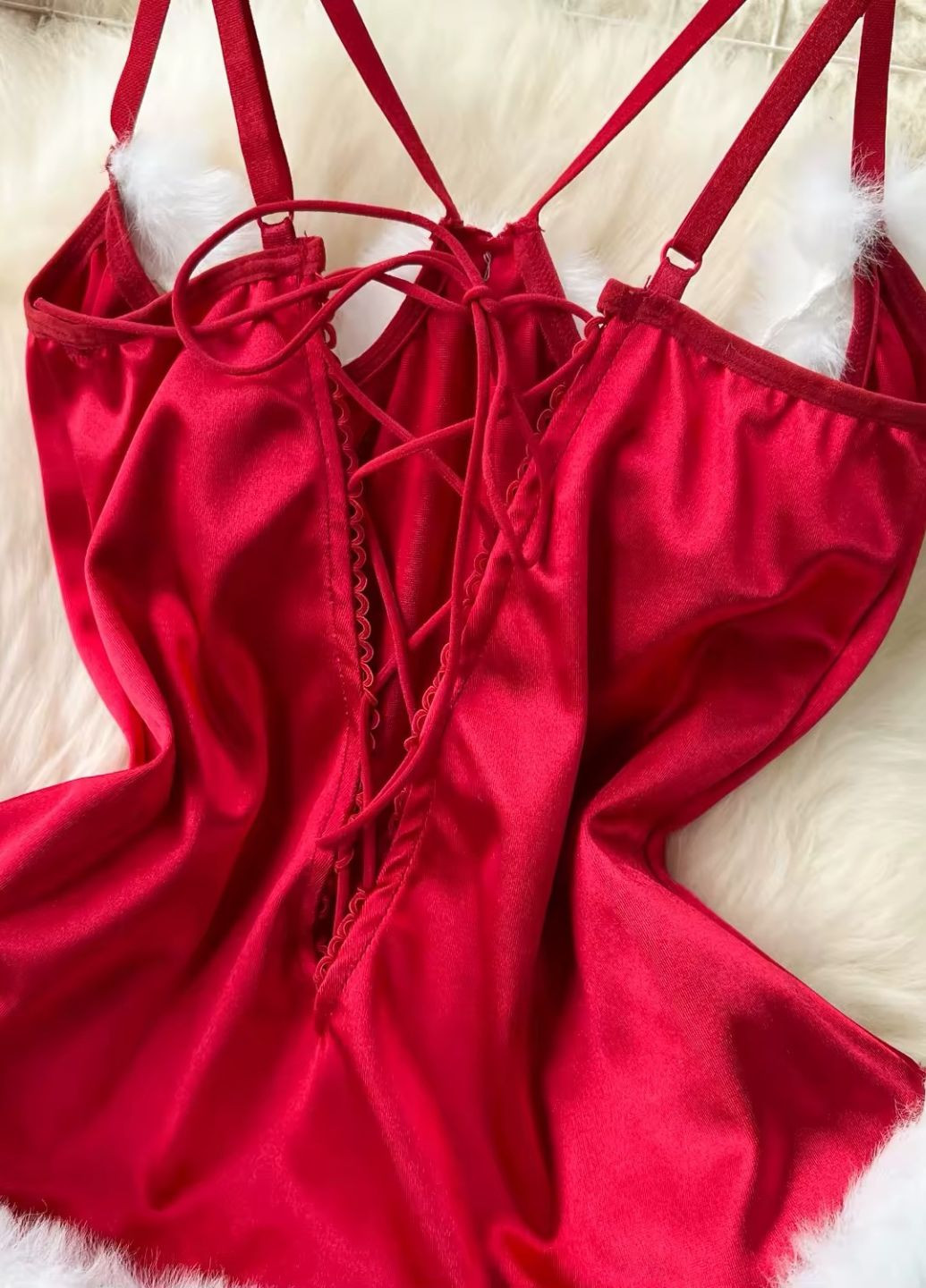 Красный зимний женский комплект зайки боди и ушки новогодний с пушком и открытой грудью santa No Brand