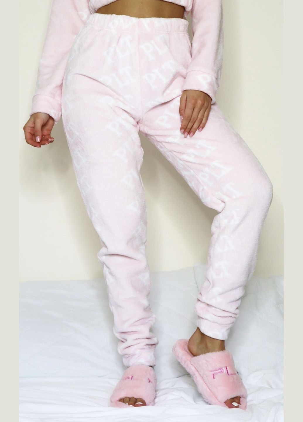 Комбинированная всесезон махровые пижамные штаны, теплые, мягкие розовые с принтом 257- PrettyLittleThing