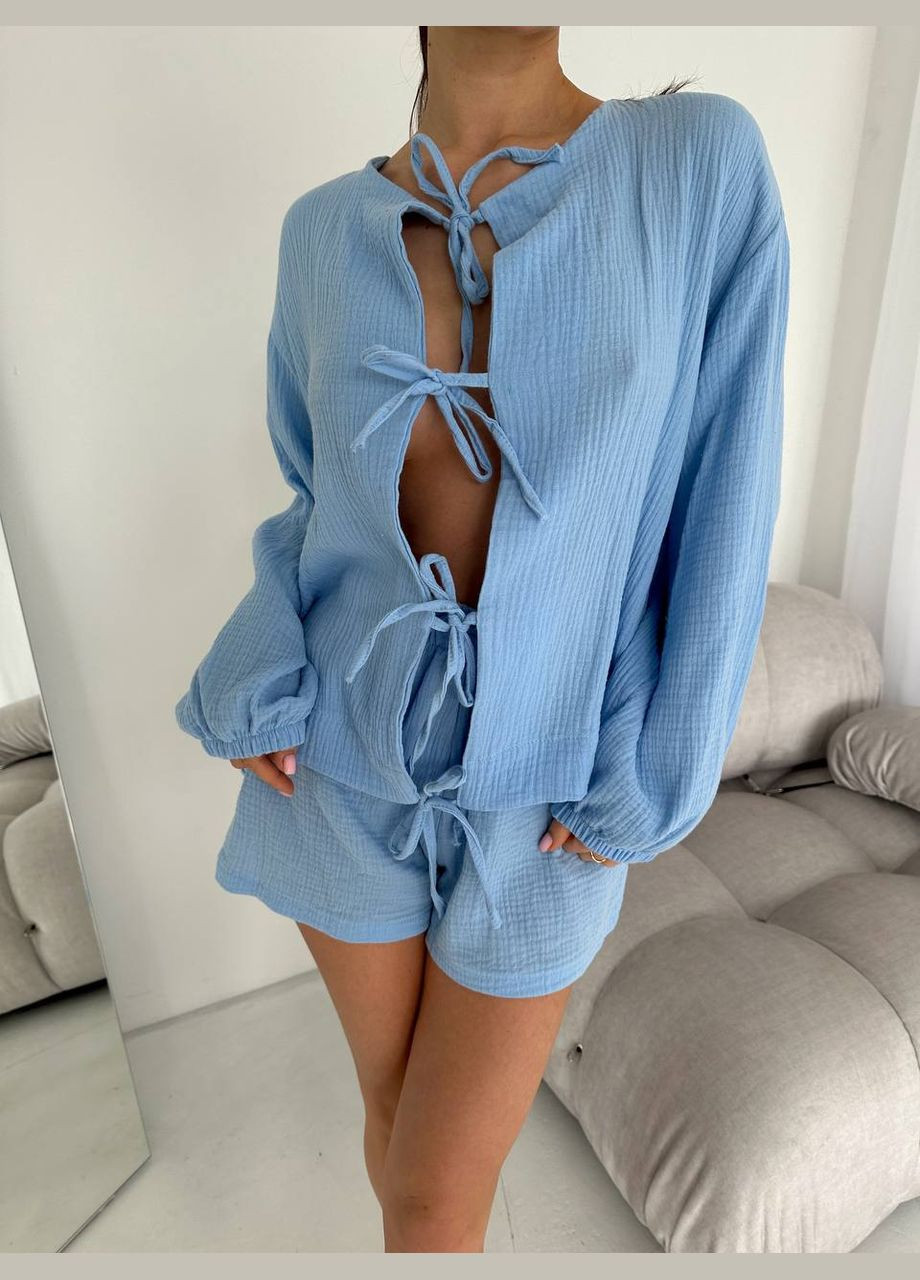 Блакитна жіноча піжама муслін сорочка + шорти No Brand