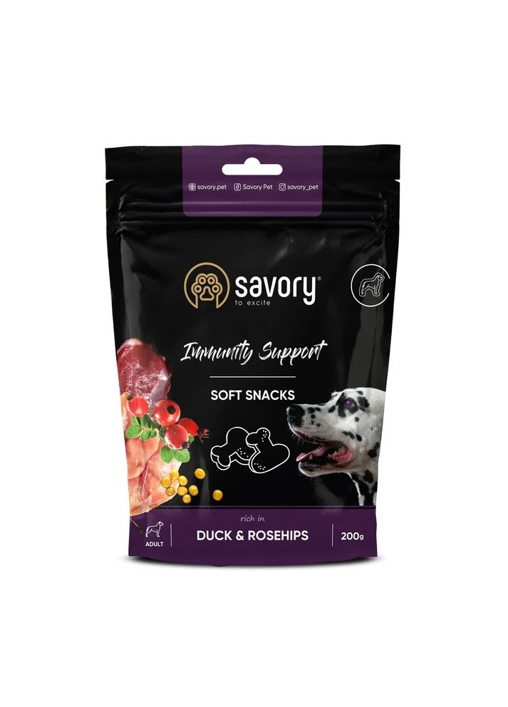 М’які ласощі для дорослих собак усіх порід Immunity Duck and Rosehip для зміцнення імунітету з качкою та шипшиною 200 г Savory (398957031)