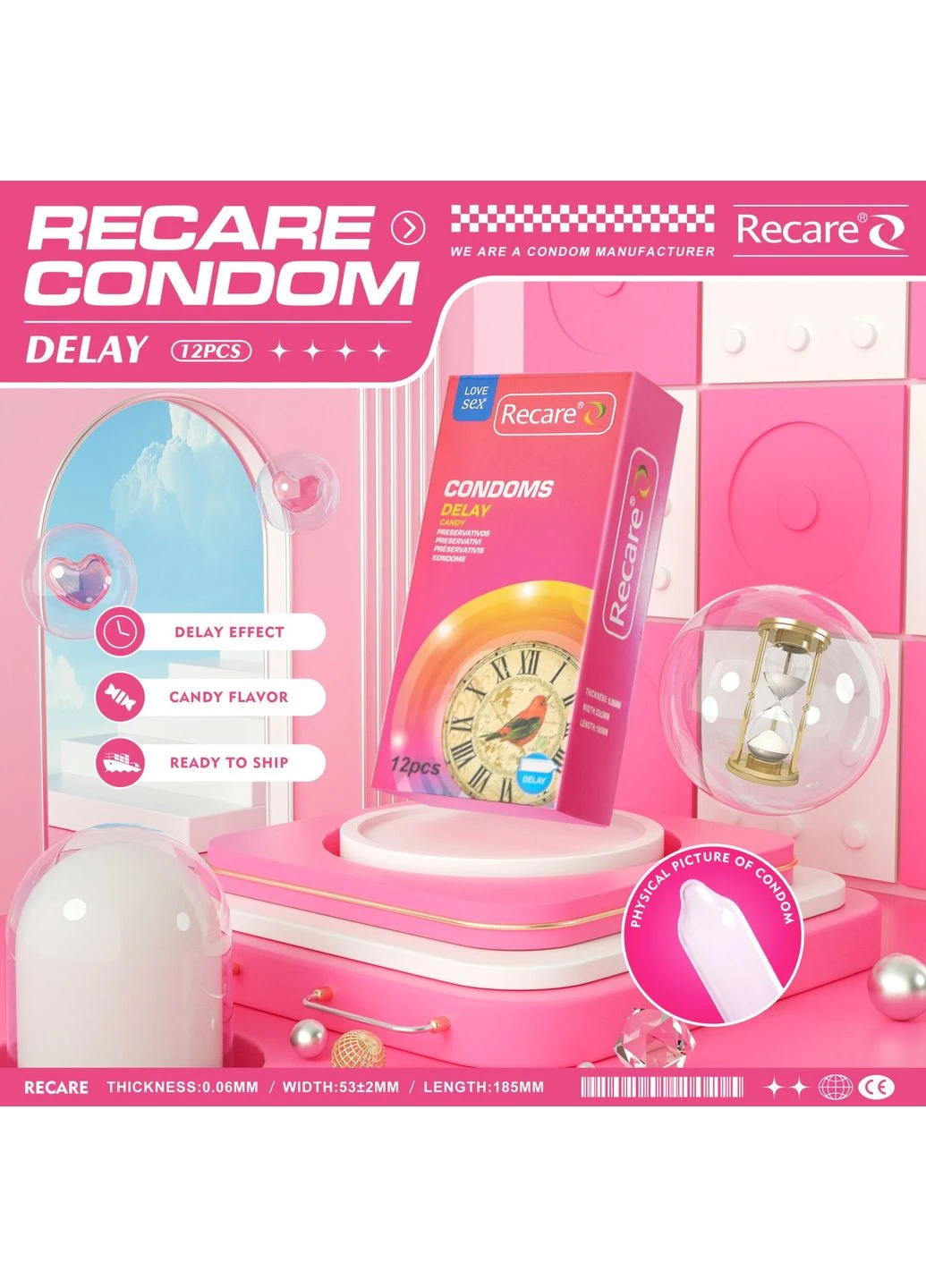 Delay Candy Condoms 12 шт, пролонгирующий эффект, конфетный аромат - CherryLove Recare (389902392)