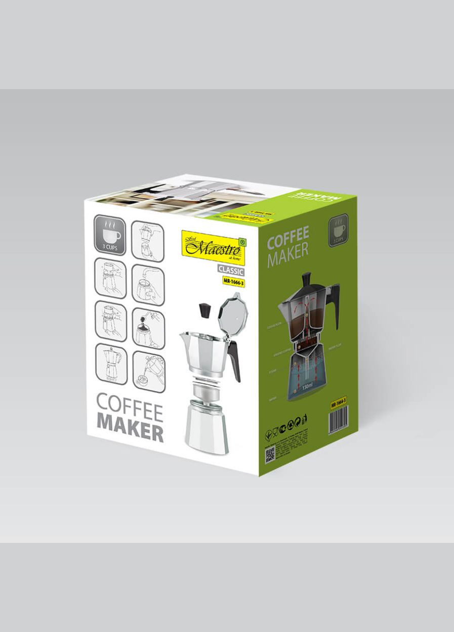 Кофеварка гейзерная алюминиевая Maesrto 150 мл (MR-1666-3) 3 чашки серебряная Maestro (349819427)