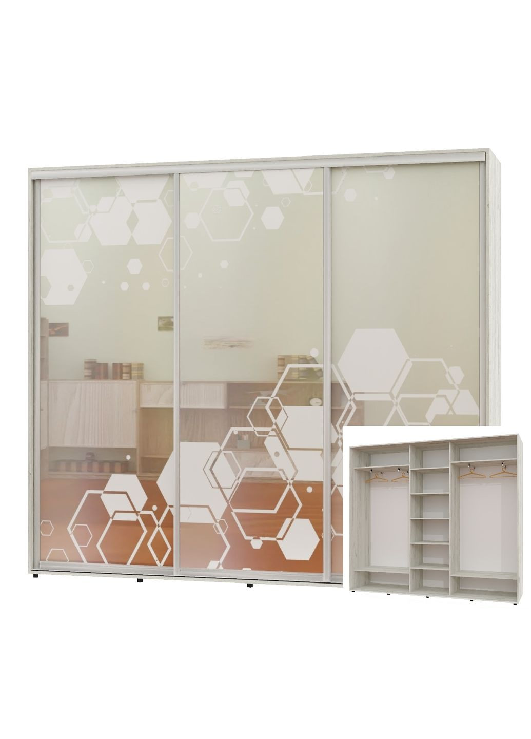 Шафа-купе тридверна 270*45*240 Дуб крафт білий Дзеркало з піскострумним малюнком ШК-04 Алекса (360478279)