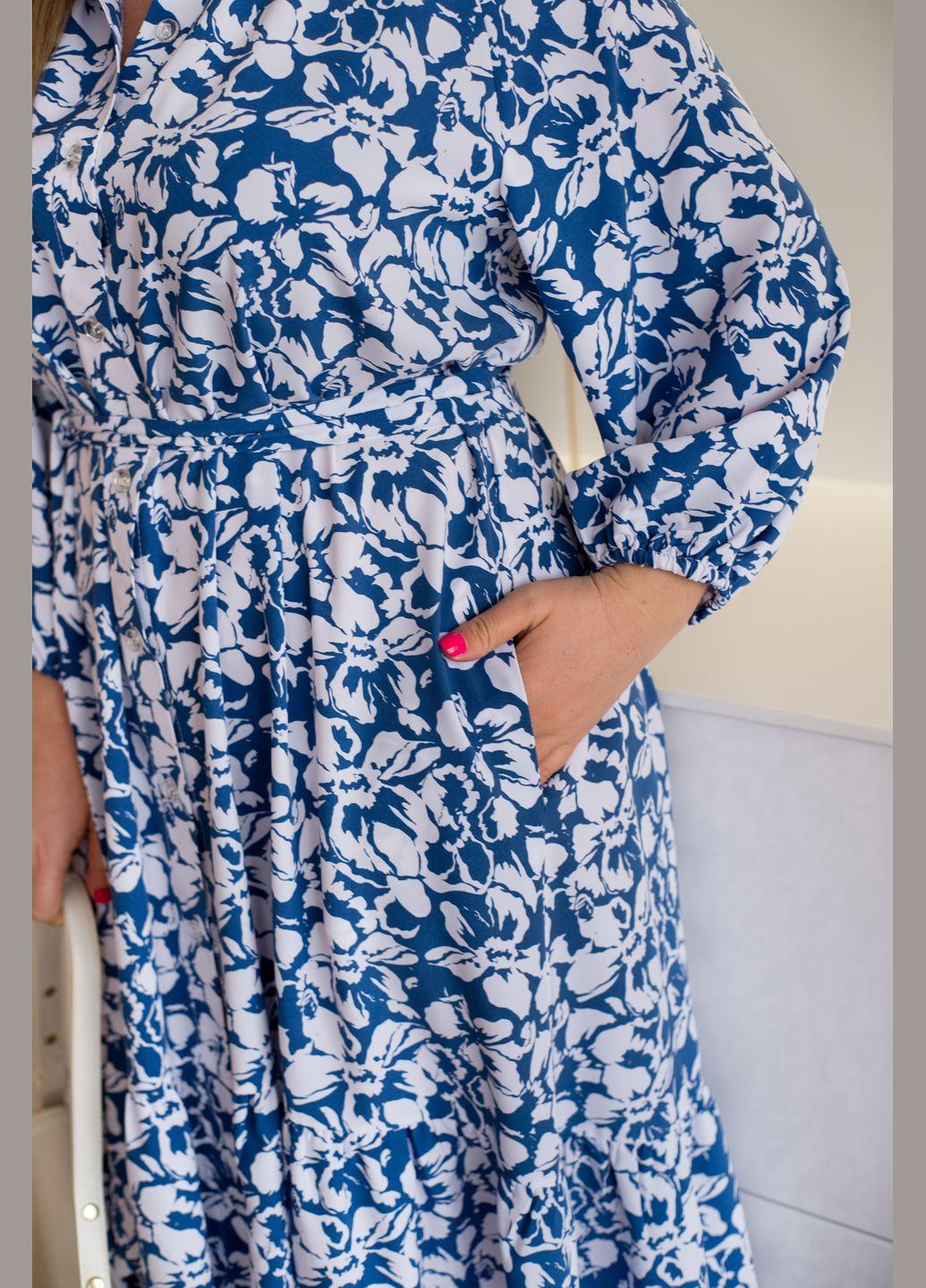 Синее кэжуал трендовое платье рубашка No Brand с цветочным принтом