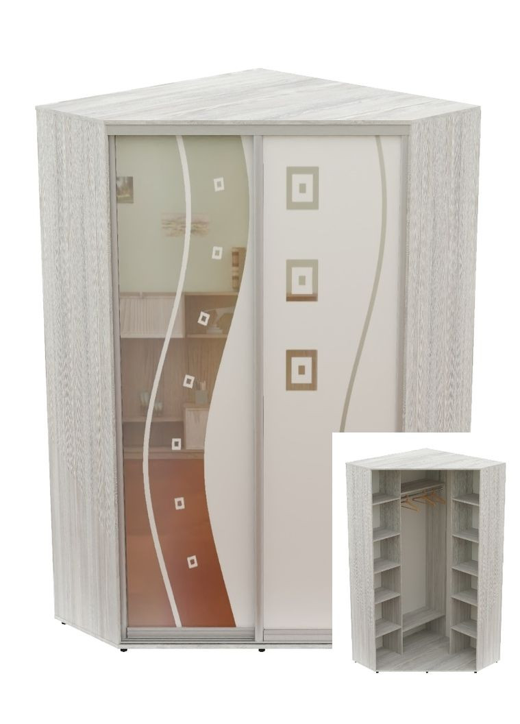 Шкаф-купе двухдверный угловой 120*120*240 Сосна Натти Зеркало с пескоструйным рисунком Угол-2 Алекса (360449285)