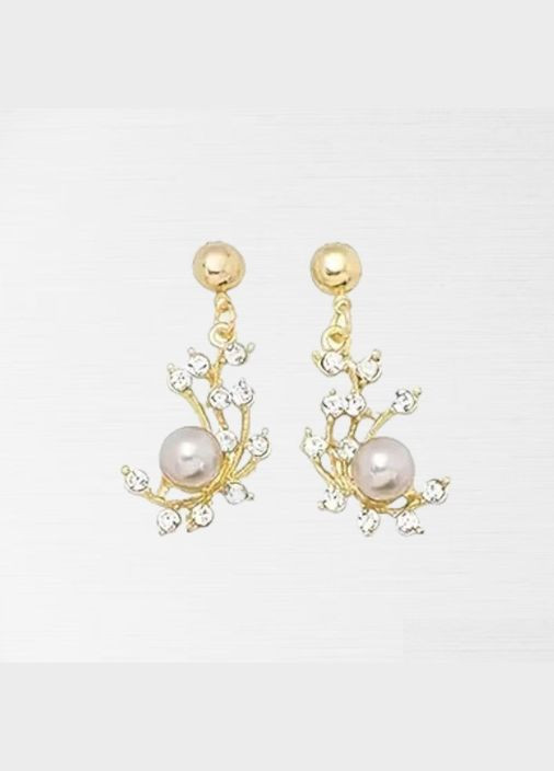 Жіночі сережки гвоздики у вигляді листка зі штучними перлами 4.8 см золотисті Liresmina Jewelry (300150943)