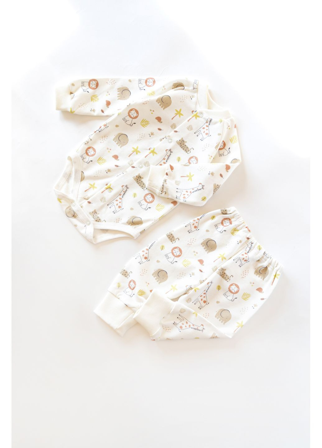 Молочный теплый комплект для младенца: боди с начесом и штанишки, принт сафари Egoza