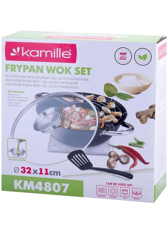 Казан чавунний "Wok" 4.5л, з антипригарним покриттям і аромо-кришкою Kamille (329895826)