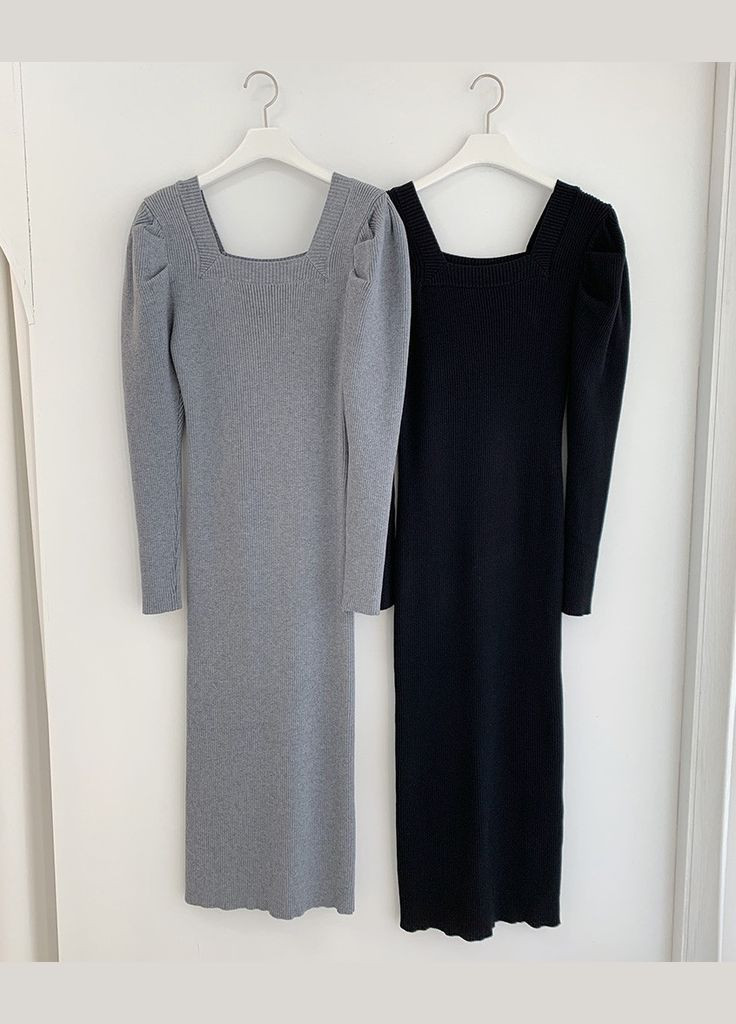 Серое платье с рукавом-фонариком 110981 серый No Brand