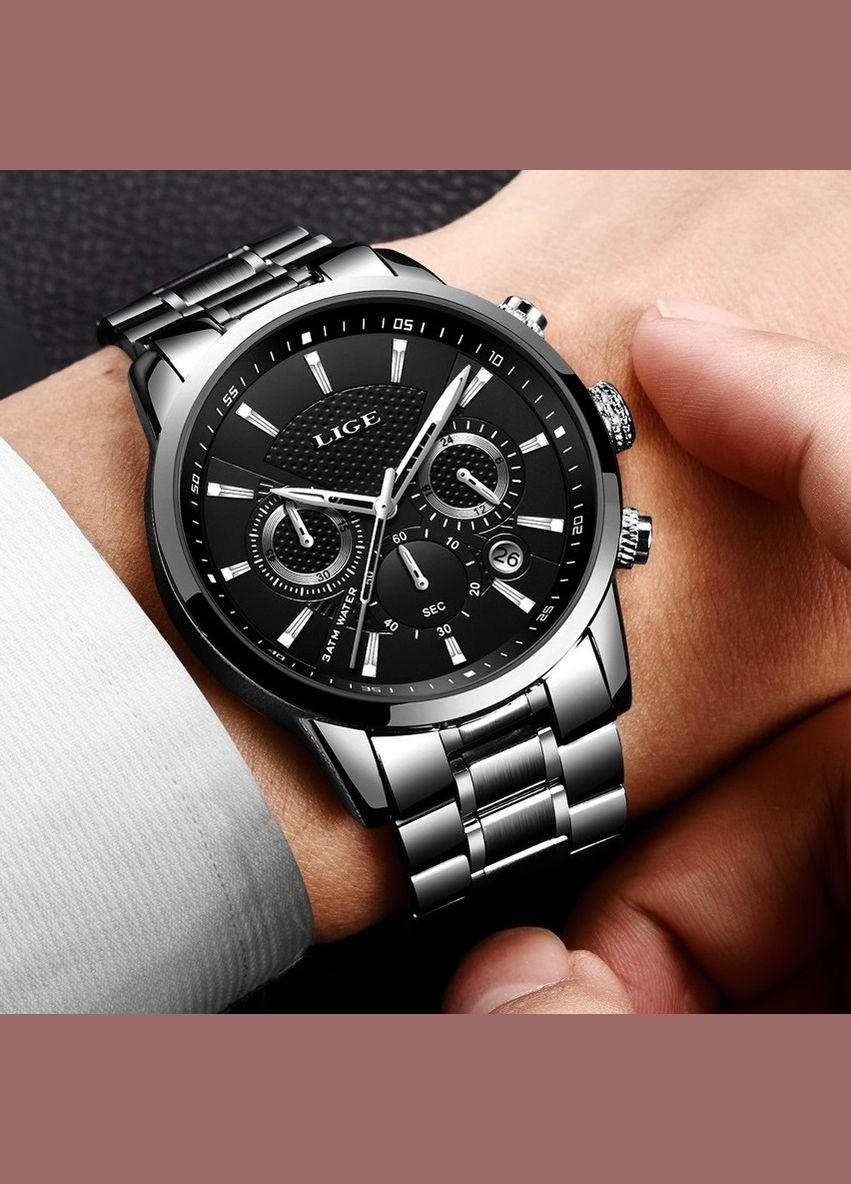 Часы мужские наручные кварцевые классические черные Lige 9866 Silver (325478517)