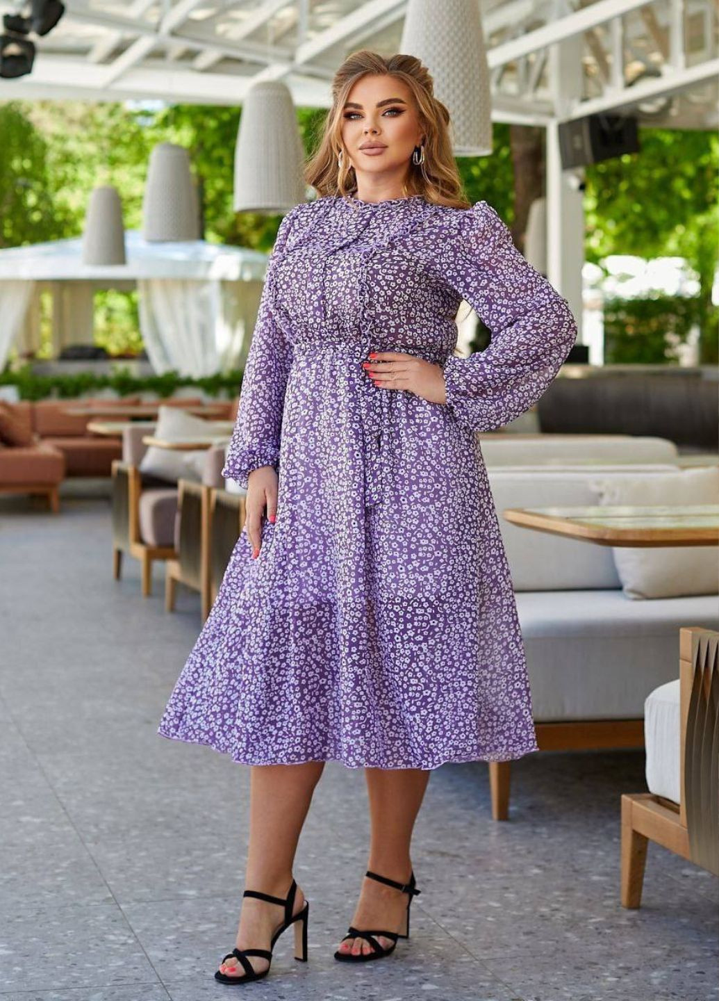 Лавандовое повседневный шифоновое платье на подкладке No Brand с цветочным принтом