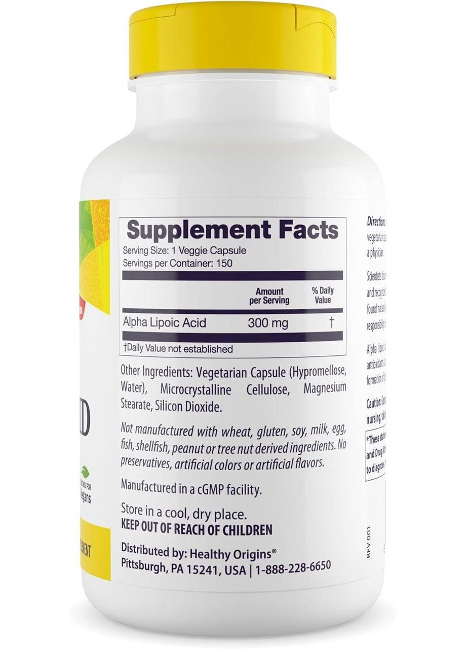 Альфа-липоевая кислота Alpha Lipoic Acid 300 мг 150 капс Healthy Origins (357343321)