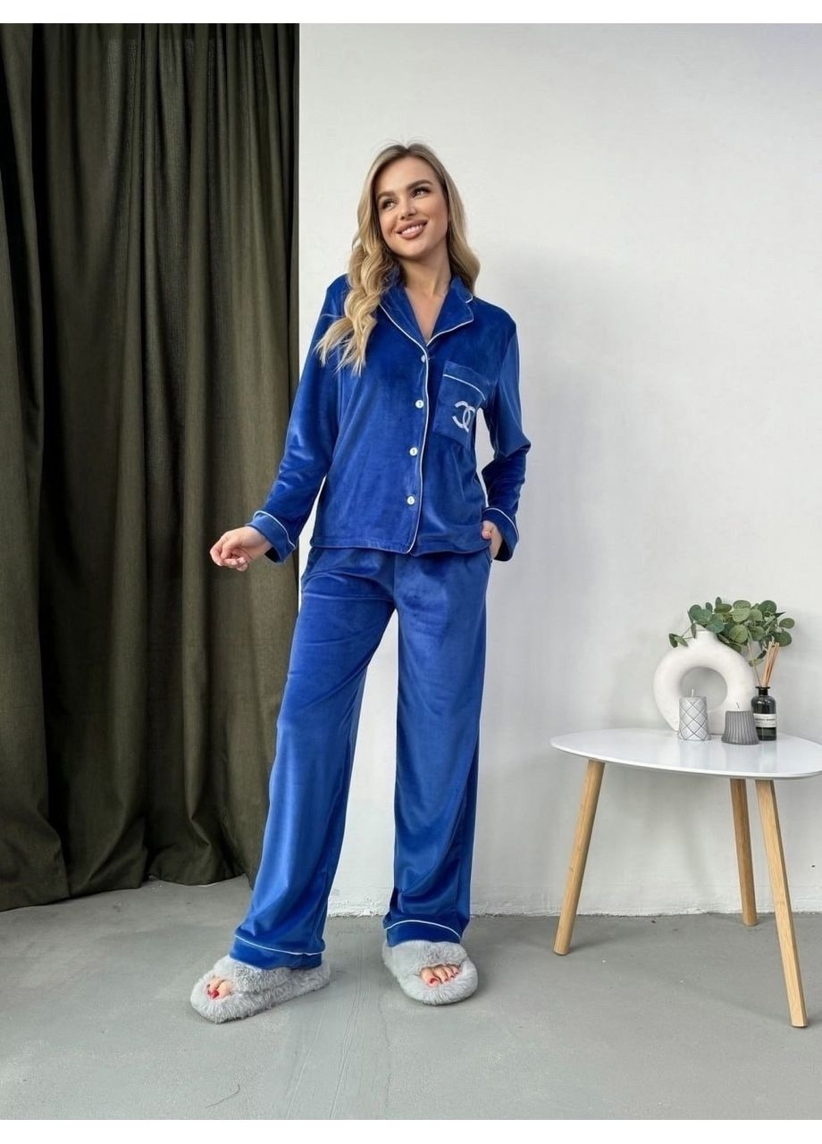 Синяя женская пижама турецкий велюр,декорированная вышивкой,брюки и рубашка Україна