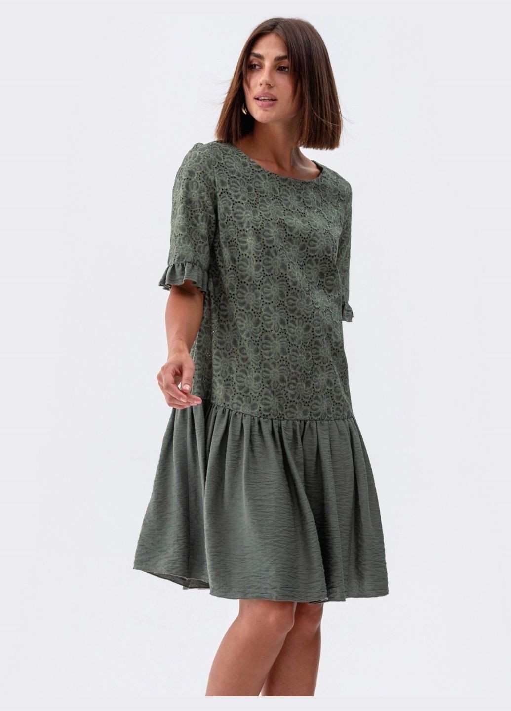 Оливкова (хакі) кежуал сукня кольору хакі з комбінації льону та прошви Dressa однотонна