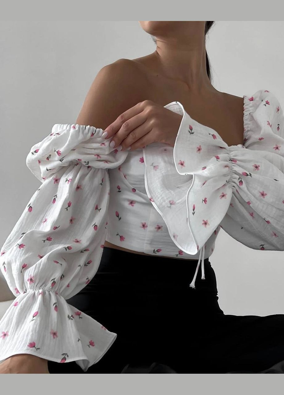 Качественный топик с открытой спиной и декольте из качественного муслина, лёгкий муслиновый топ с длинным рукавом No Brand 1062 (282477074)