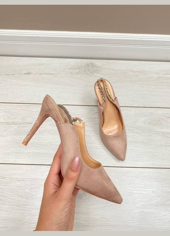 Бежевые бежевые замшевые босоножки шпилька открытая пятка Башили без застежки со стразами, с камнями