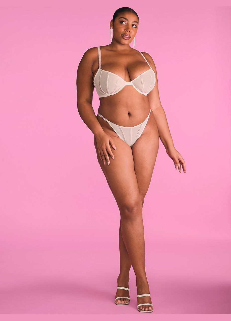 Розовый демисезонный комплект белья (лиф+трусики стринги) со стразами sheer shine Victoria's Secret