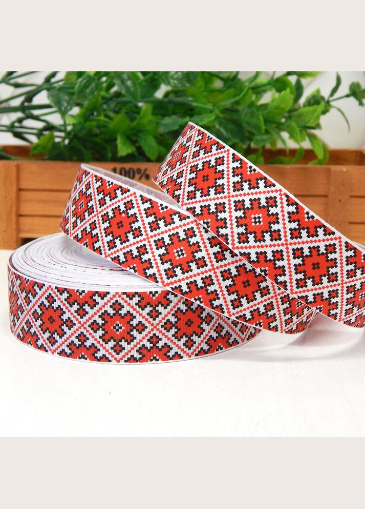 Лента репсовая, 2,5 см, украинский орнамент Вышиванка, красный No Brand (340482673)