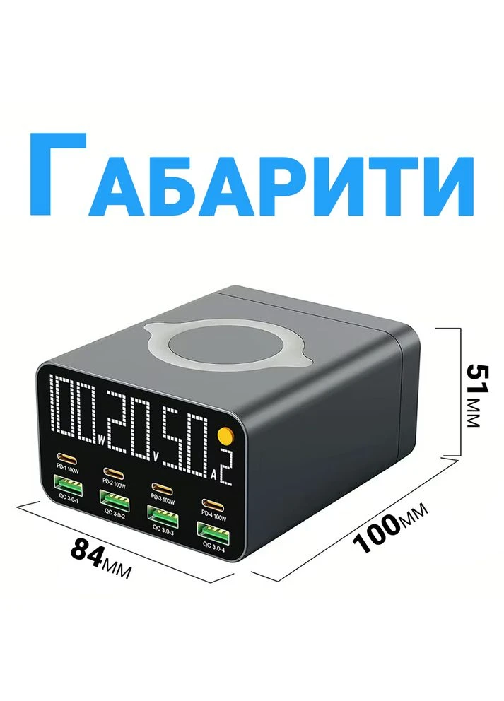 9в1 Многопортовое зарядное устройство MCS-M1, док-станция для зарядки на 4 Type-C + 4 USB-A + беспроводная панель, 120W Addap (375460885)