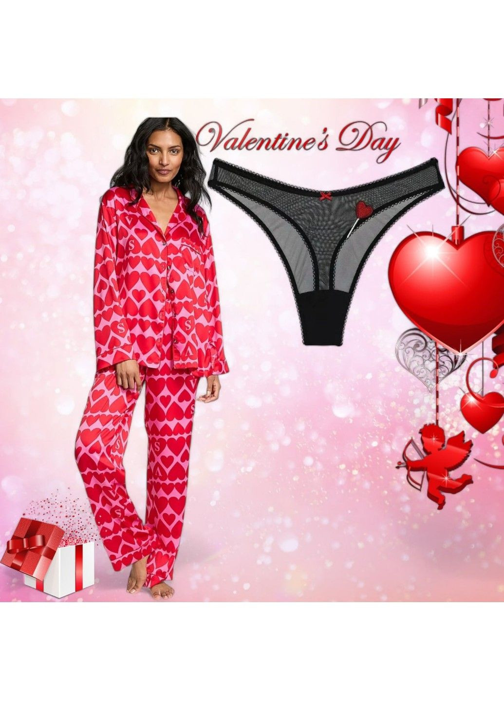 Червона всесезон подарунковий набір піжама satin glazed satin long pajama set + трусики tease high-leg scoop thong panty Victoria's Secret