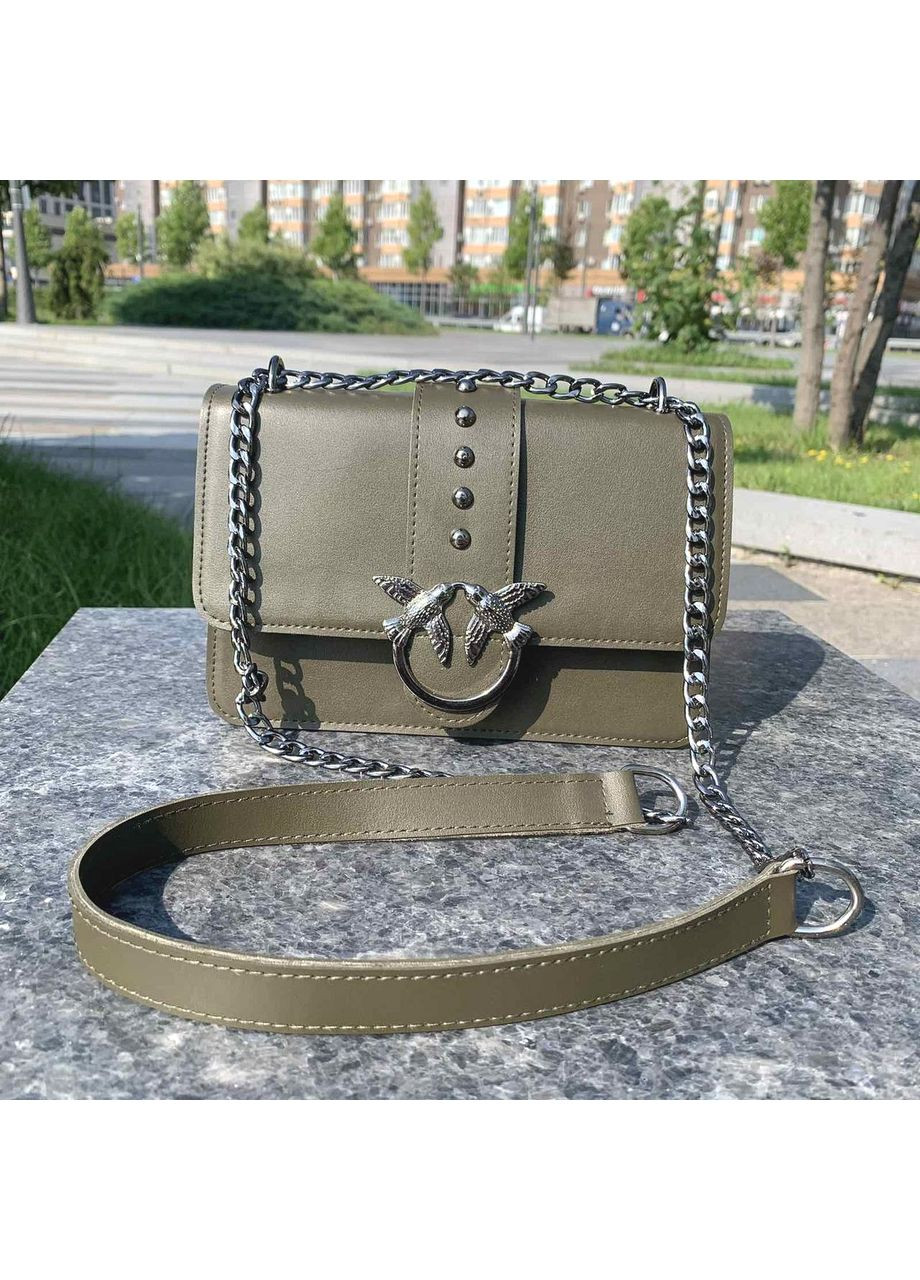 Женская сумка мини клатч на плечо эко-кожа зеленая на цепочке с птичками ProDobro (370022373)