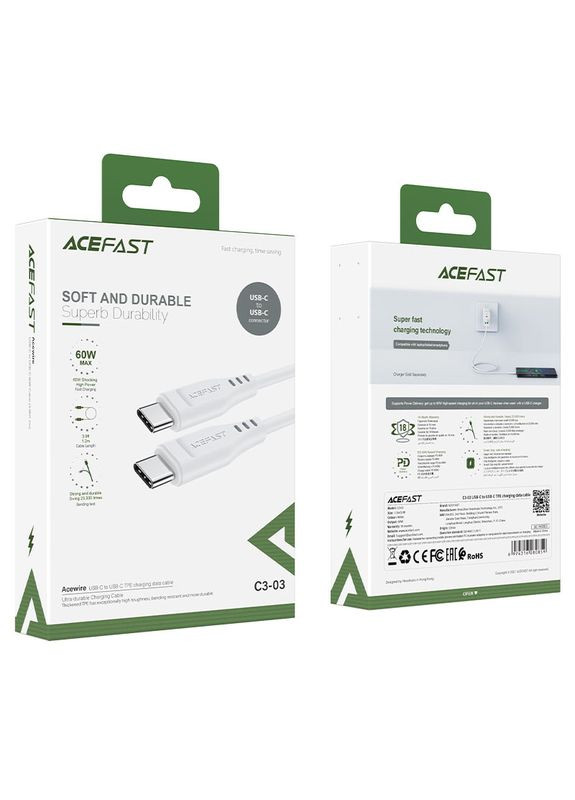Кабель Type-C to Type-C 3A, 60W, 1.2m, TPE, TPE connectors, (6974316280859) Acefast C3-03 (367268548)