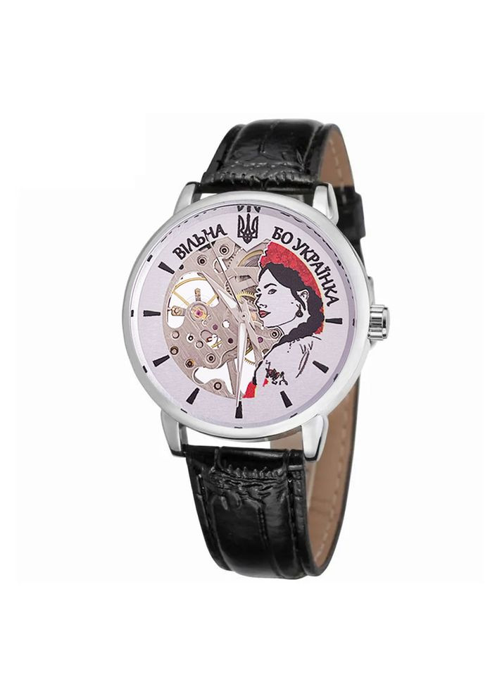 Наручний годинник 022 Silver-Black механічний для жінок зі шкіряним ремінцем та люмінесцентними індексами ProDobro (367267507)