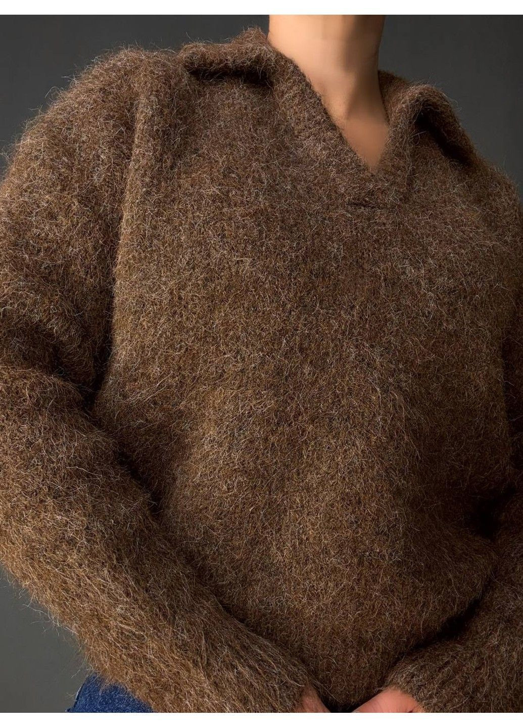 Коричневий демісезонний светр жіночий a-n 19-1 з коміром поло теплий вільний No Brand