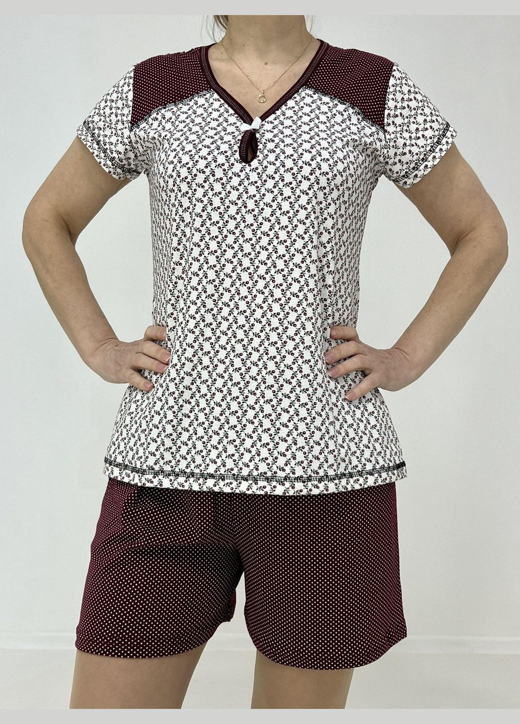Бордова всесезон домашній жіночий комплект зоя (футболка + шорти) 58-60 бордо-беж 42030055-3 Triko