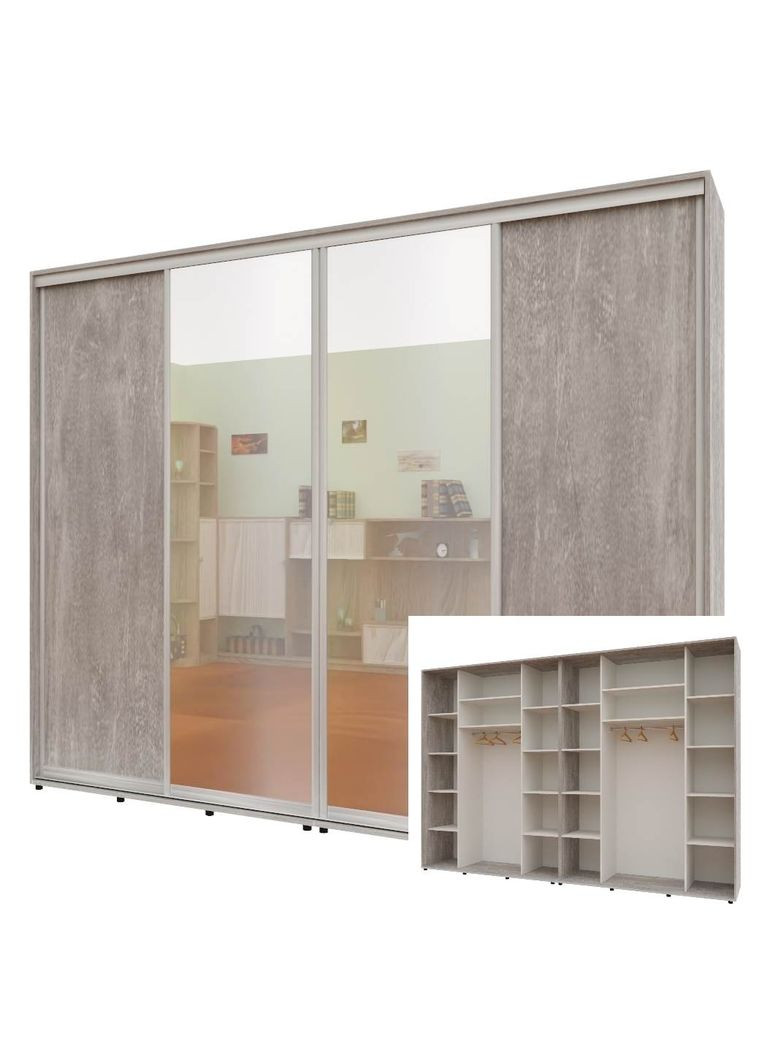 Шафа-купе чотиридверна 300*60*210 см Бетон ДСП + Дзеркало + Дзеркало + ДСП Максі Комфорт Меблі (360443530)