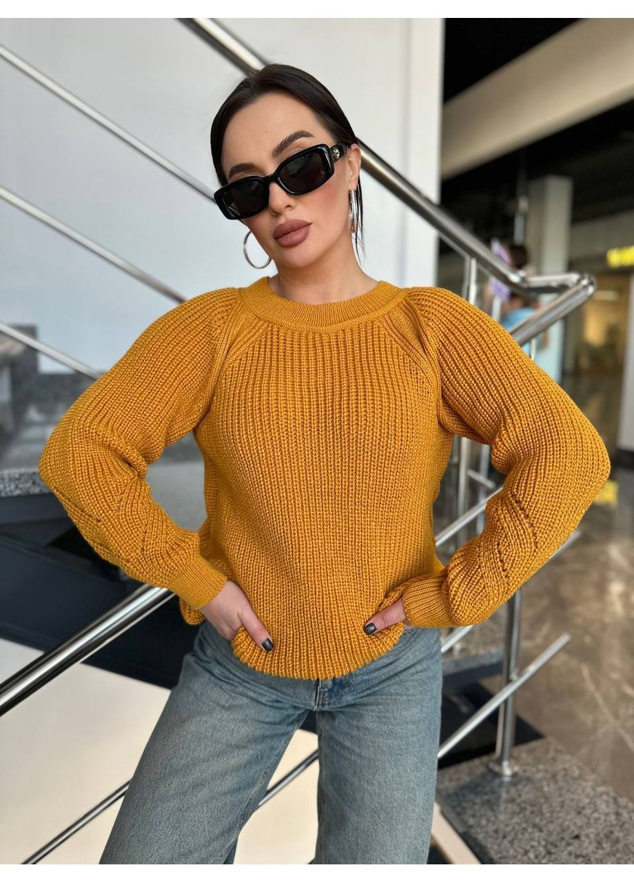 Горчичный демисезонный женский вязаный свитер джемпер No Brand