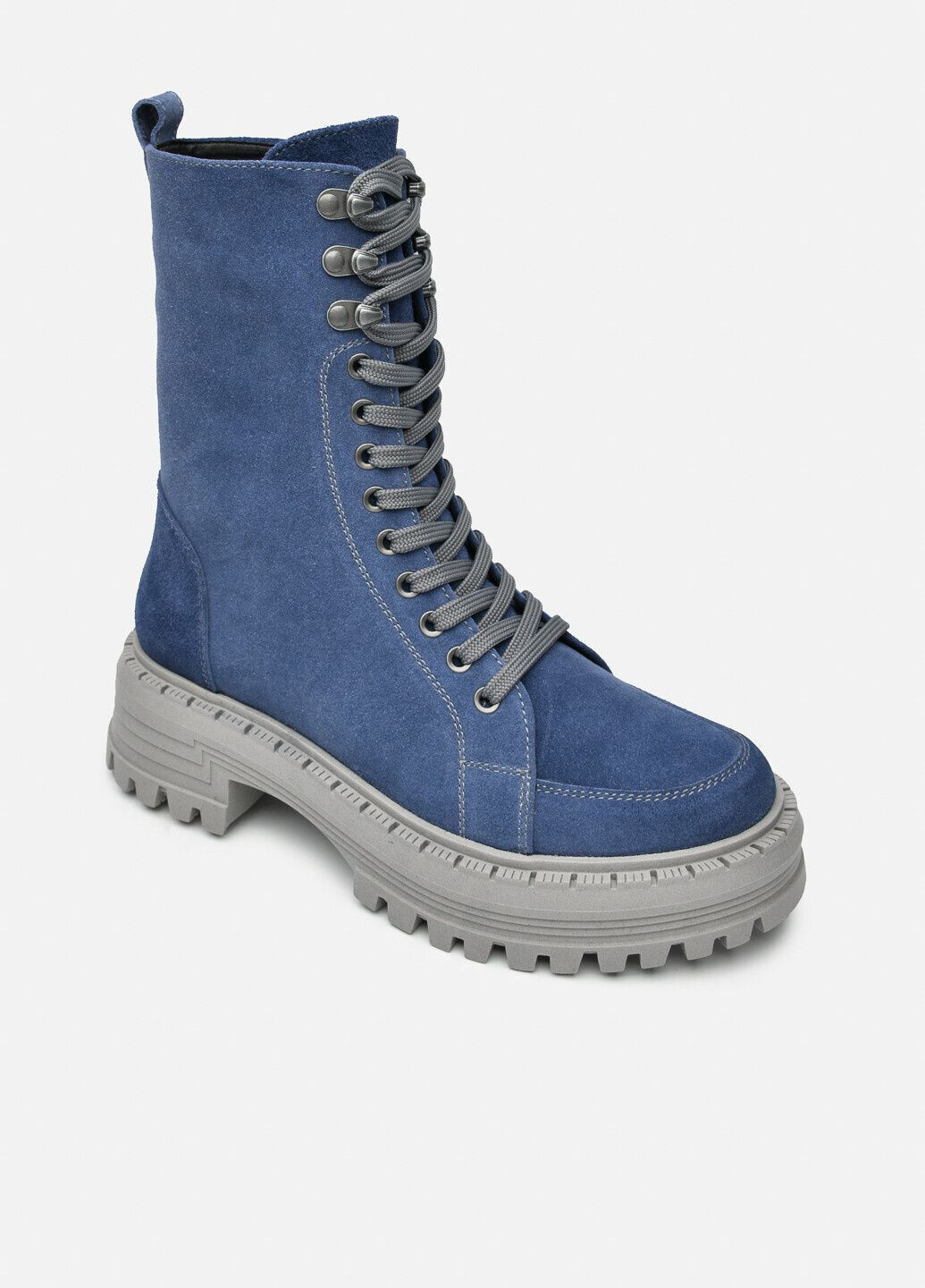 Осенние высокие демисезонные замшевые ботинки голубые на шнуровке и боковой молнии на высокой подошве (отшив 3 дня) берцы Paradize из натуральной замши
