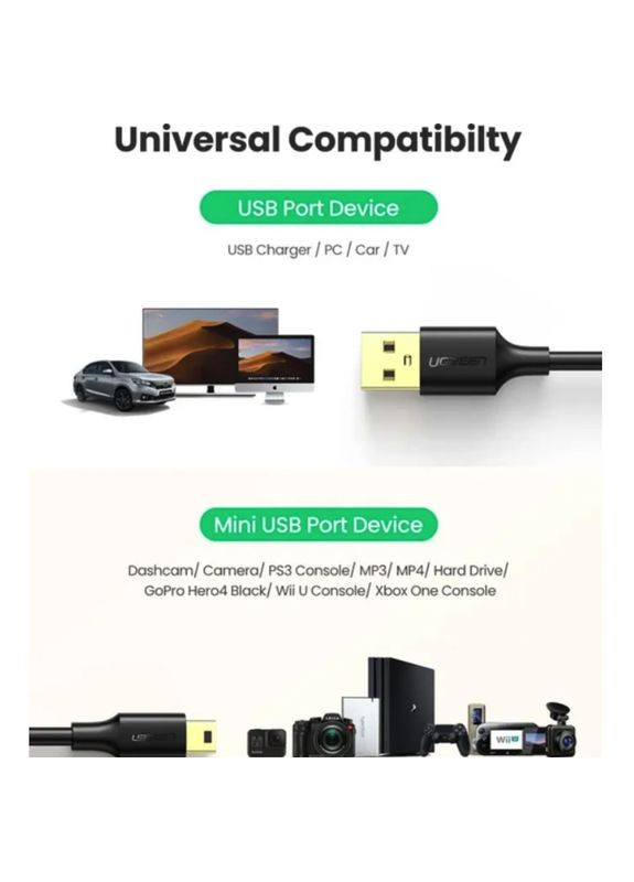 Перехідник US132 USB 2.0 A Male to Mini 5 Pin Male Cable 1m (Black)(UGR-10355) (UGR-10355) Ugreen (357474550)