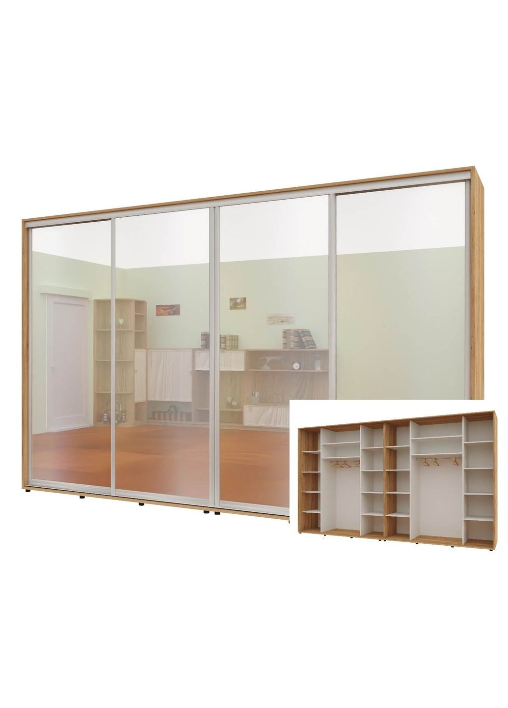 Шкаф-купе четырехдверный Комфорт Мебель 340*60*210 см Дуб золотой 4 двери Зеркало Макси Комфорт Меблі (360437526)