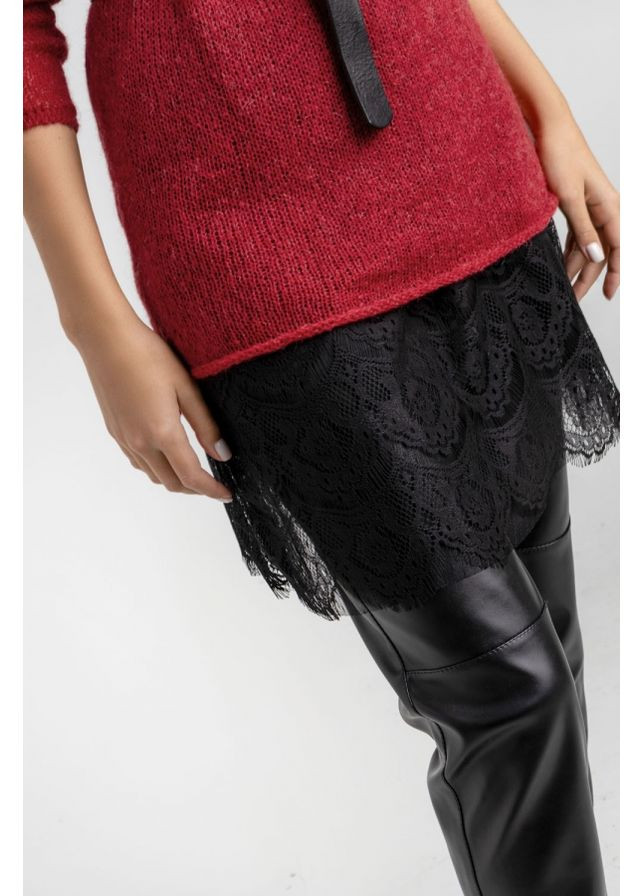 Бордова повсякденний універсальний комплект з в'язаної туніки та сукні з креп-шифону з мереживом (1477) Triko Bakh