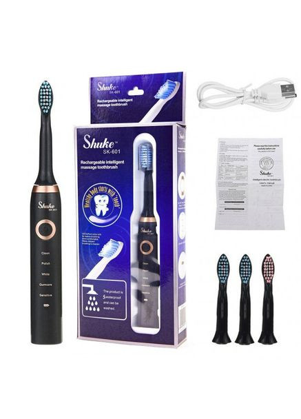 Електрична щітка Shuke SK-601 акумуляторна. Ультразвукова щітка для зубів + 3 насадки. Колір: чорний No Brand (366238934)