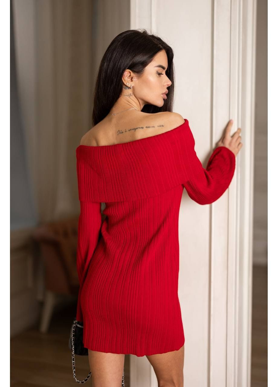 Червона повсякденний жіноча в'язана сукня з відкритими плечима з відкритими плечима KaraMix однотонна