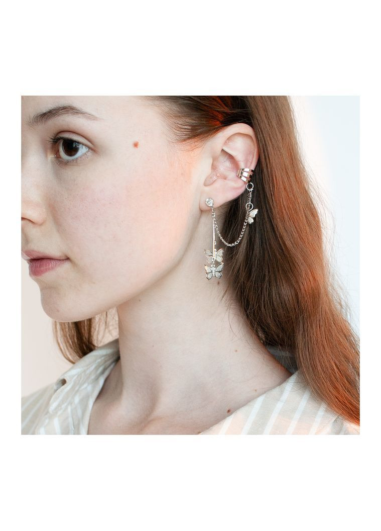 Сріблясті сережки цвяшки з маленькими метеликами з ланцюжком fairy азійський кафи обманки для підлітка унісекс ельфійські панк No Brand (366237409)