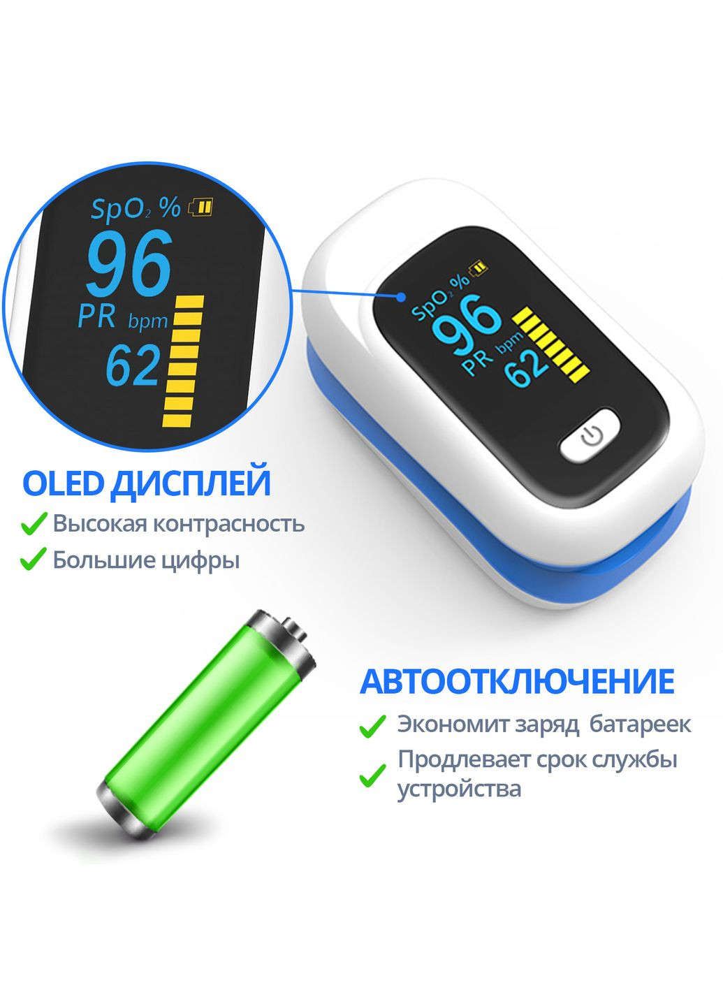 Пульсоксиметр оксиметр на палець C101H1 пульсометр апарат для вимірювання кисню в крові Вимірювач кисню з Українсь IMDK (273469400)