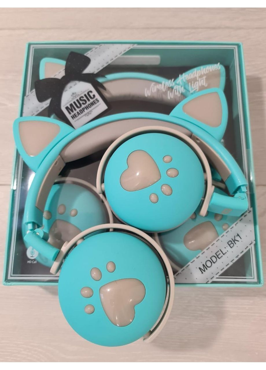 Бездротові дитячі навушники "CAT" ВК-1 з котячими вушками і LED підсвічуванням, подарункові м'ятно-зелені Atd (349824259)