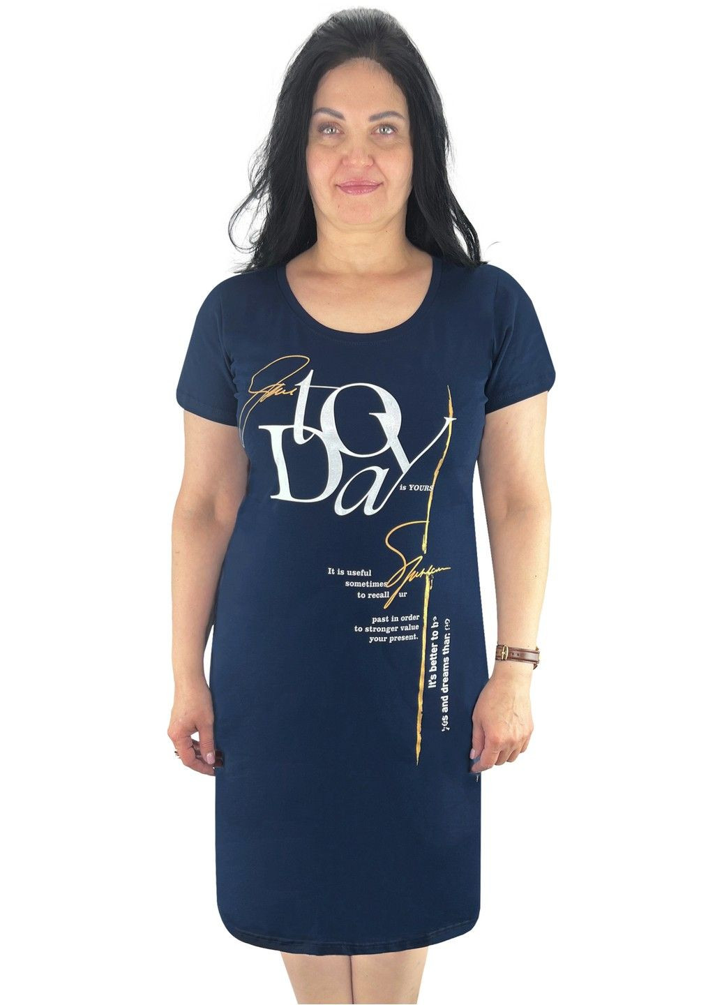 Темно-синее деловое, домашнее, повседневный платье женское с накатом фуликра Жемчужина стилей с надписью