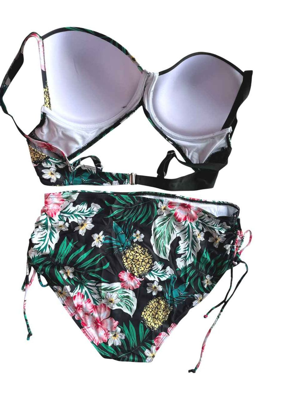 Чорний літній купальник жіночий роздільний чорний тропічний принт великий роздільний No Brand 7740