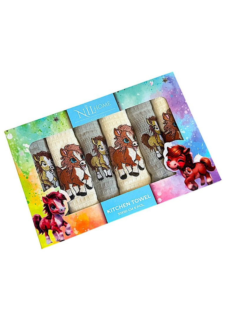 Набір 6 вафельних рушників Nilteks кухонні 30х50 см street різнобарвний TC303376102 TURComFor кінь комбінований