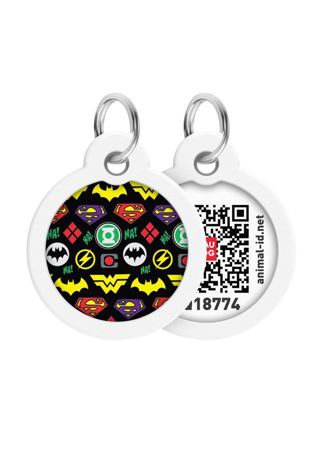 Адресник для собак металлический Smart ID c QR паспортом, рисунок "Супергерои логомания", круг, Д 30 мм WAUDOG (330245300)